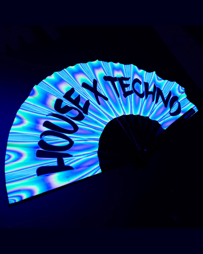 House X Techno hand fan close up detail psychedelic pattern under black light.