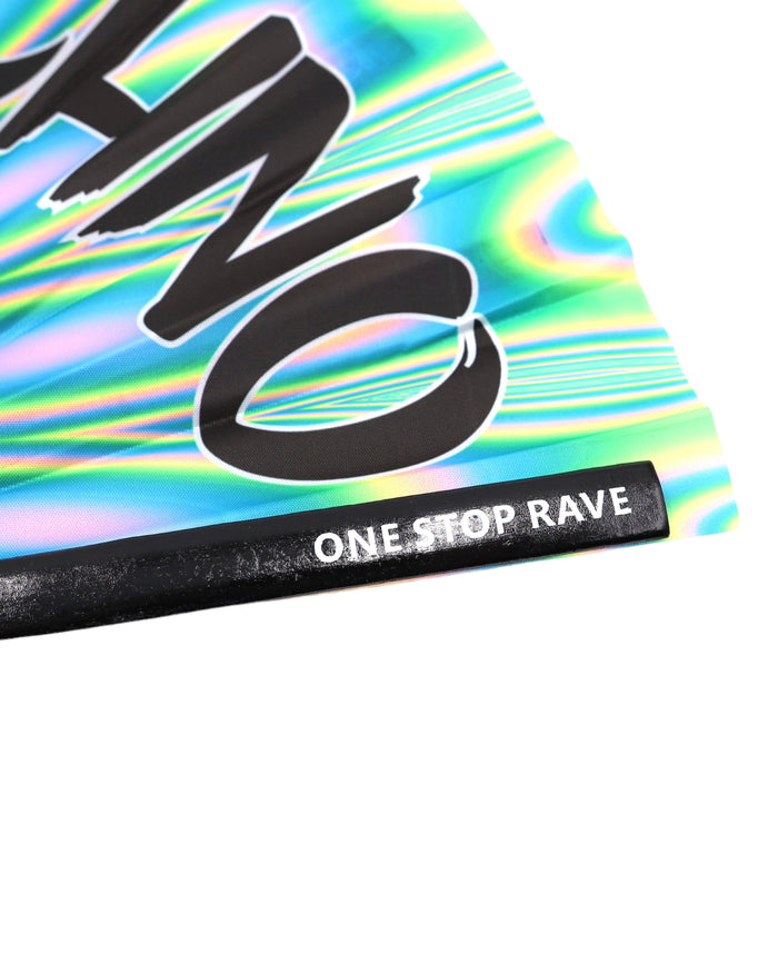 House X Techno Hand Fan with one stop rave painted on the rib.