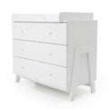 White three-drawer dresser with changing table on white background
