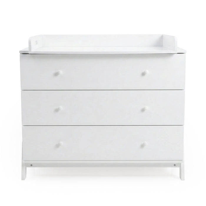 White three-drawer dresser with changing tray against white background