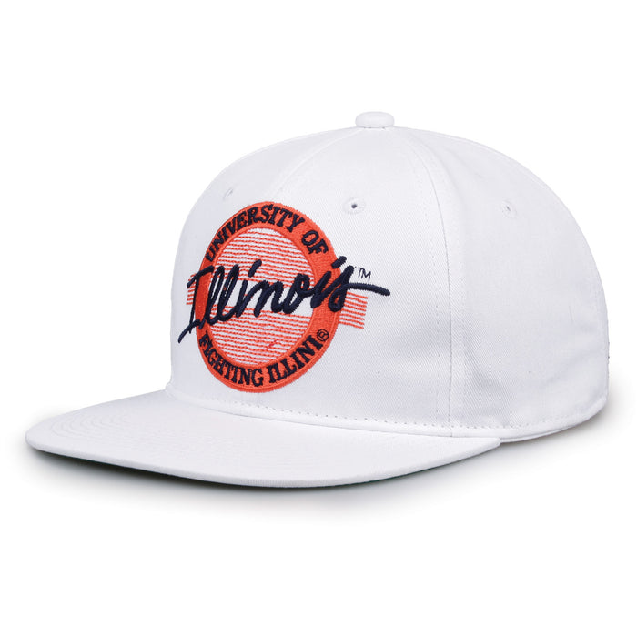 Illinois Retro Circle snapback hat in white, angled view
