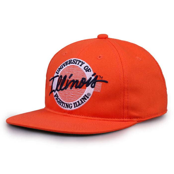 Illinois Retro Circle snapback hat in orange, angled view