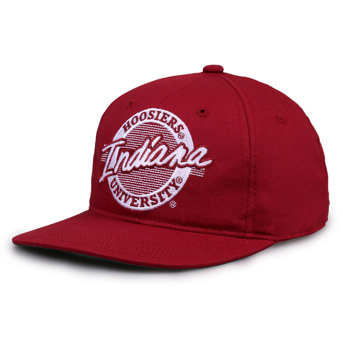 Indiana Retro Circle snapback hat in red, angled view