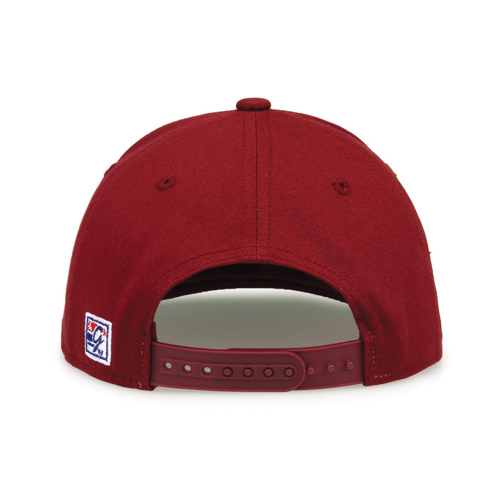 Indiana Retro Circle snapback hat in red, straight rear view showing the adjustable snap closure