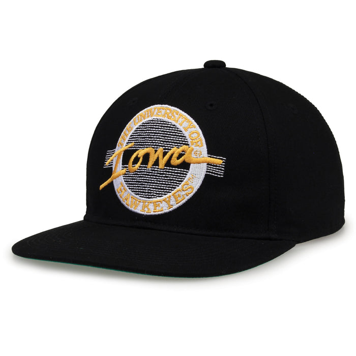 Iowa Retro Circle snapback hat in black, angled view