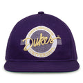 James Madison Retro Circle snapback hat in purple, front view