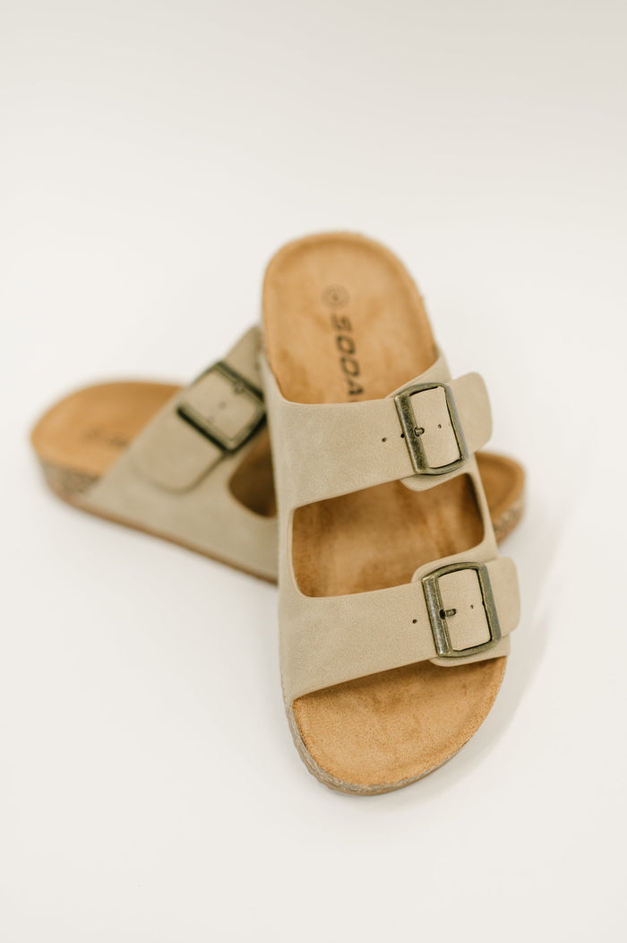 Jete Nubuck Double Buckle Slides in Light Taupe