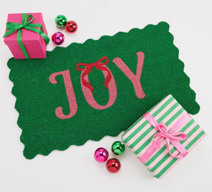 Joy Green Christmas Scalloped Door Mat