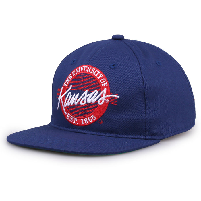 Kansas Retro Circle snapback hat in royal blue, angled view