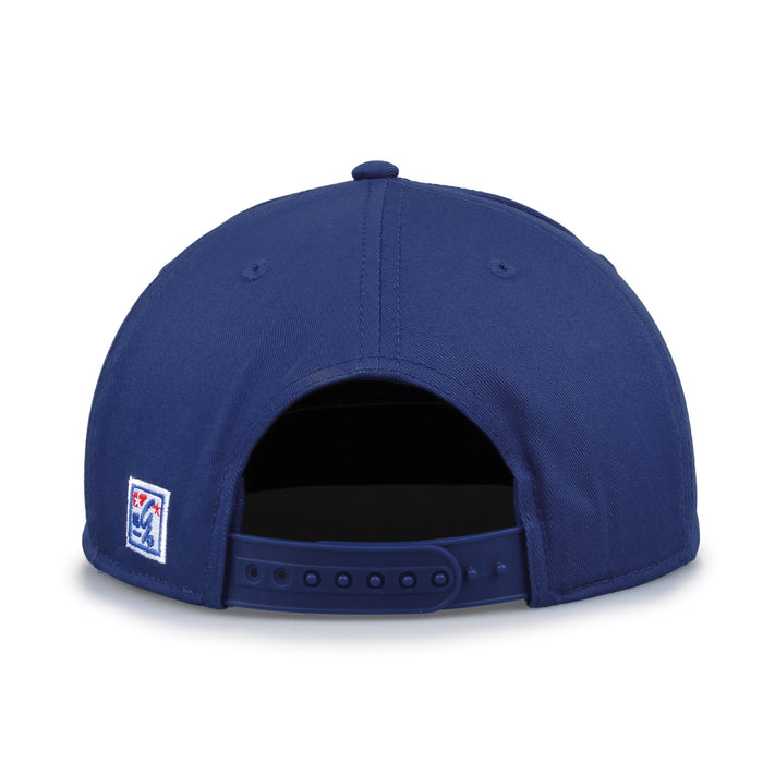 Kansas Retro Circle snapback hat in royal blue, straight rear view showing the adjustable snap closure