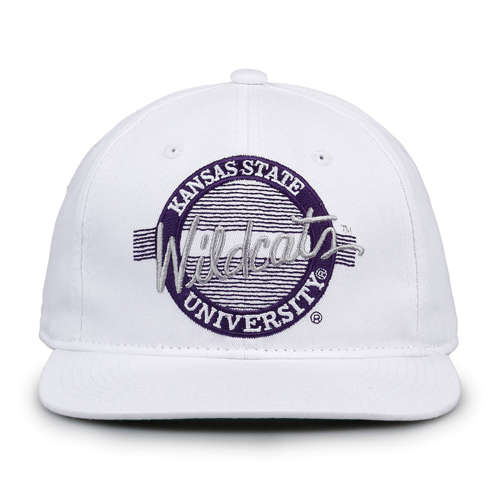 Kansas State Retro Circle snapback hat in white, front view
