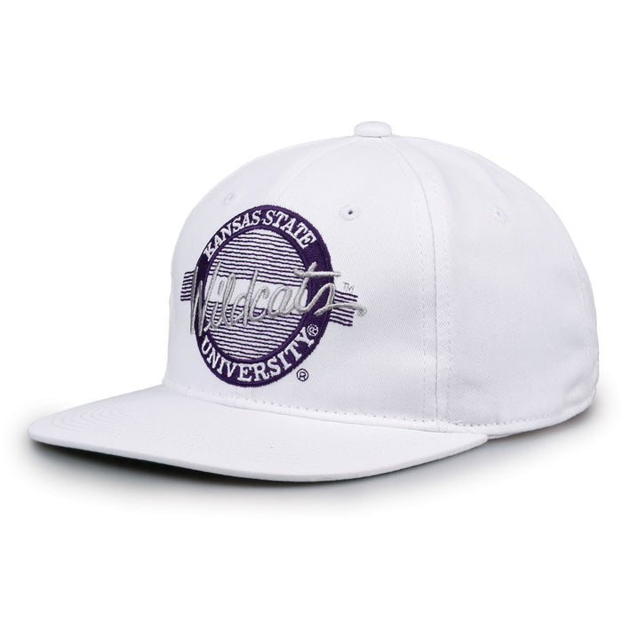 Kansas State Retro Circle snapback hat in white, angled view