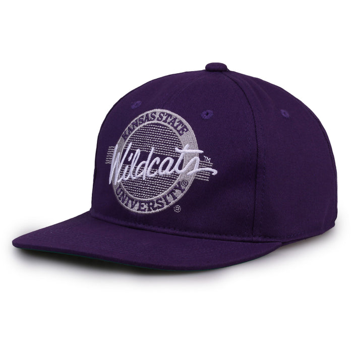 Kansas State Retro Circle snapback hat in purple, angled view