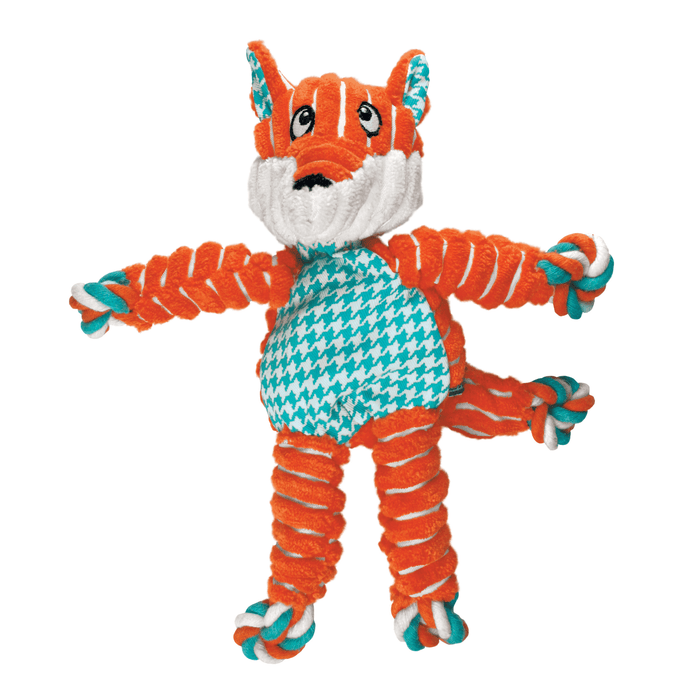 Orange and white stripy fabric Fox Dog Toy with blue and white checked fabric ears and belly, pictured on a white background.