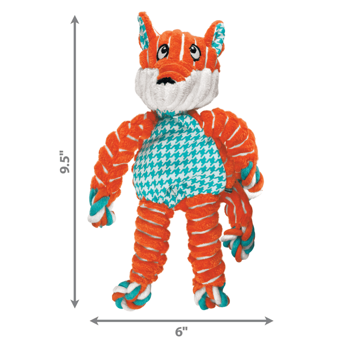 Orange and white stripy fabric Fox Dog Toy with blue and white checked fabric ears and belly, measurements to the left 9.5" and underneath 6" pictured on a white background.