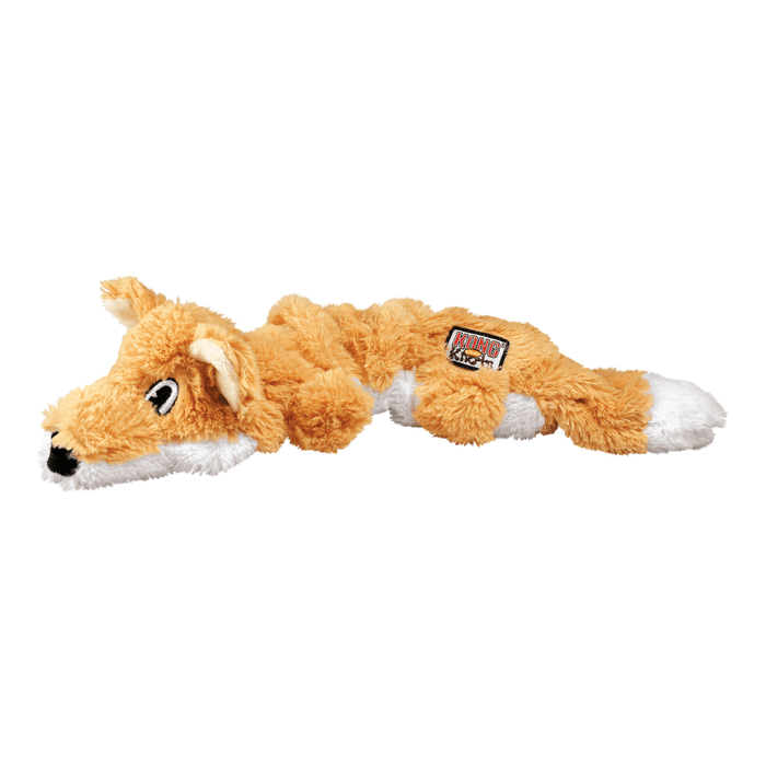 Plush orange fox with white underside rope dog toy lying on a white background.