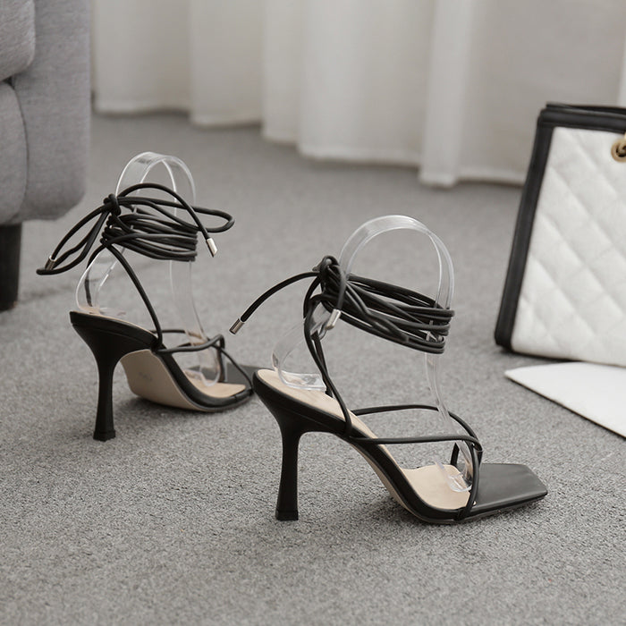 Lace-Up Wrap Stiletto Sandals | Square Toe Cross-Strap Heels