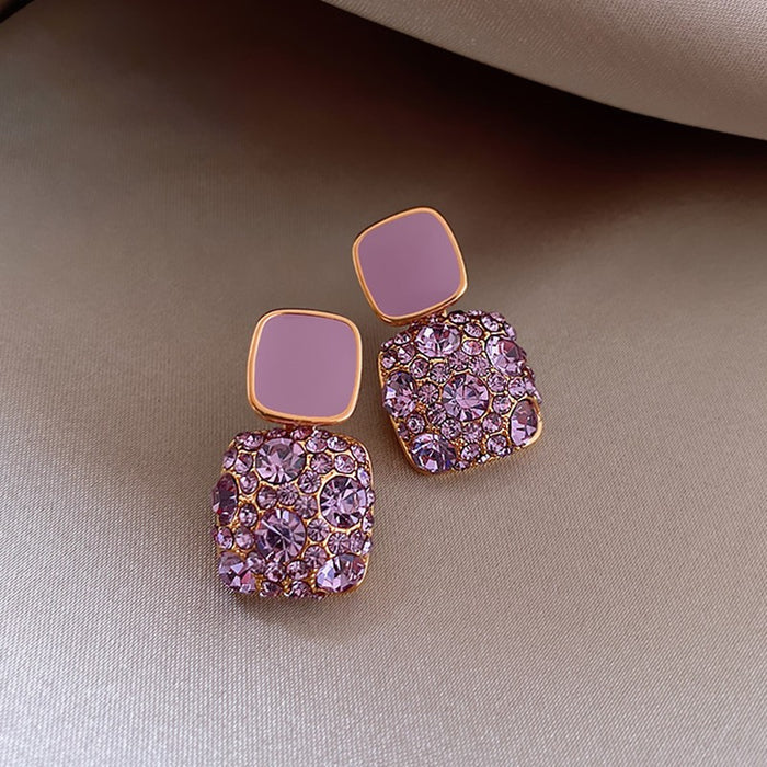 Lavender Square Pavé Crystal Drop Earrings | Purple Rhinestone Statement Earrings