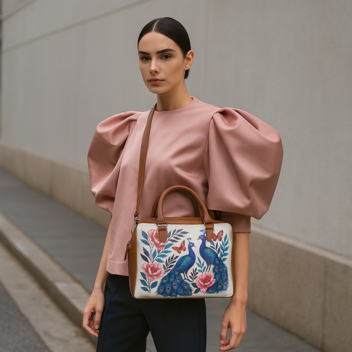 Women's handpainted peacock crossbody sling bag for work, travel, and everyday use-model image