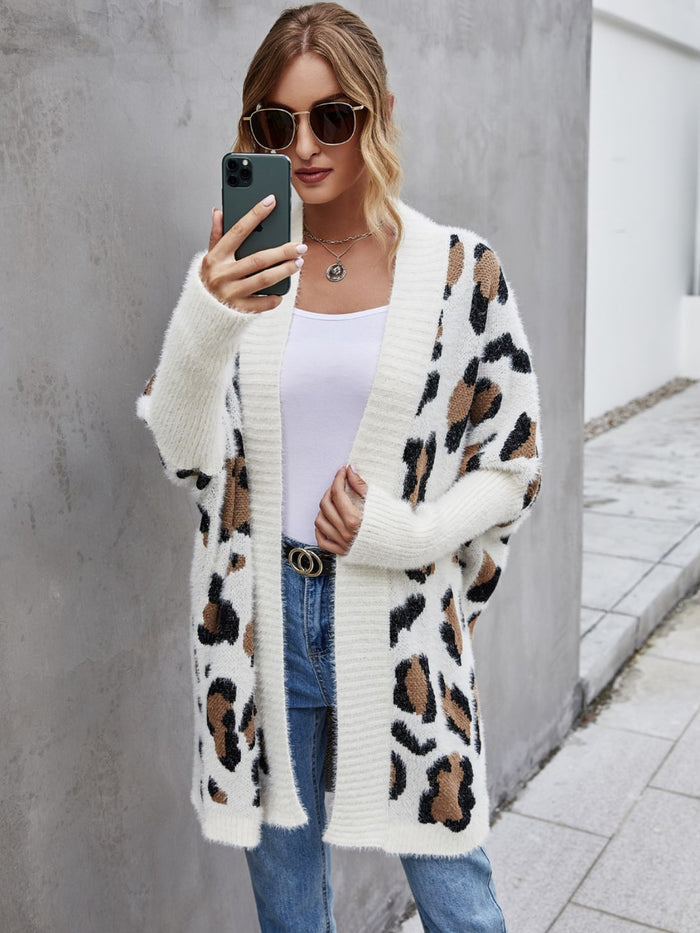 Leopard Print Fuzzy Open Front Cardigan