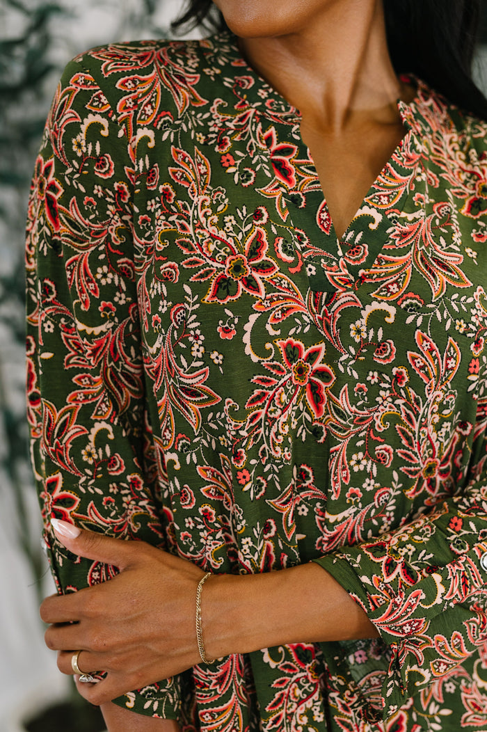 Lizzy Long Sleeve Dress in Olive Paisley