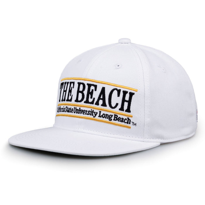Long Beach Retro Bar snapback hat in white, angled view