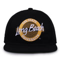 Long Beach Retro Circle snapback hat in black, front view