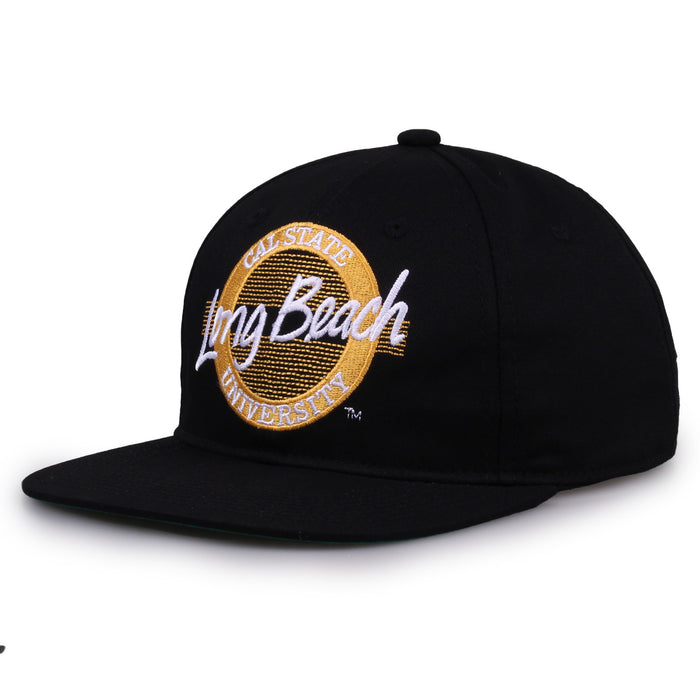 Long Beach Retro Circle snapback hat in black, angled view