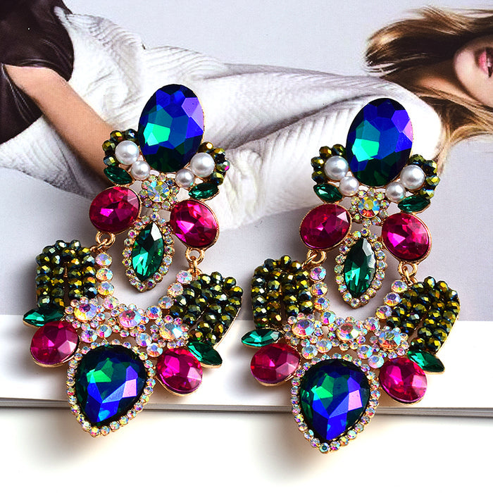 Long Geometric Glass Crystal Earrings — Colorful Statement Drop