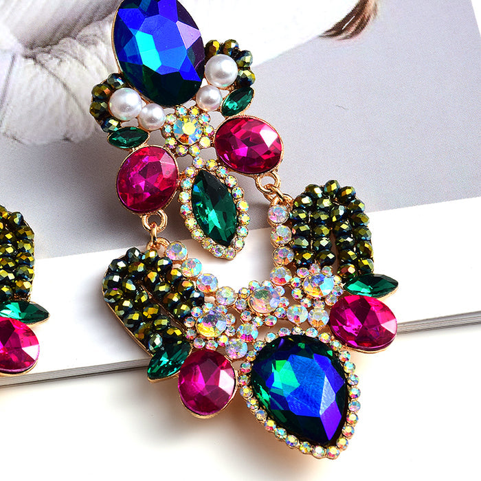 Long Geometric Glass Crystal Earrings — Colorful Statement Drop