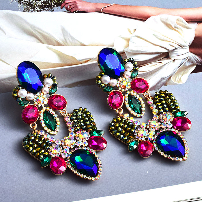 Long Geometric Glass Crystal Earrings — Colorful Statement Drop