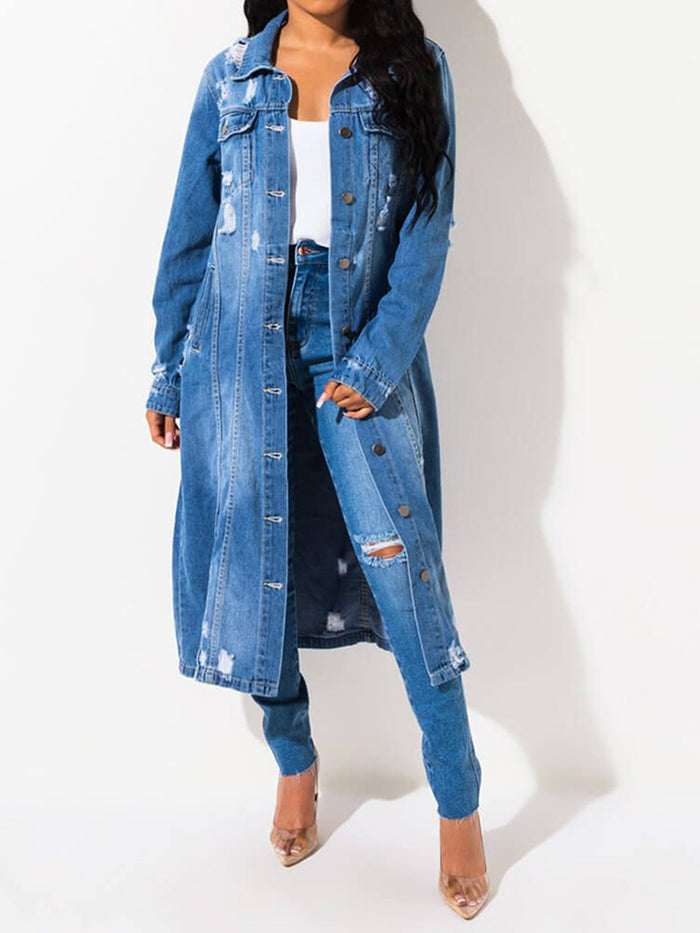 Long Sleeve Distressed Raw Hem Denim Jacket