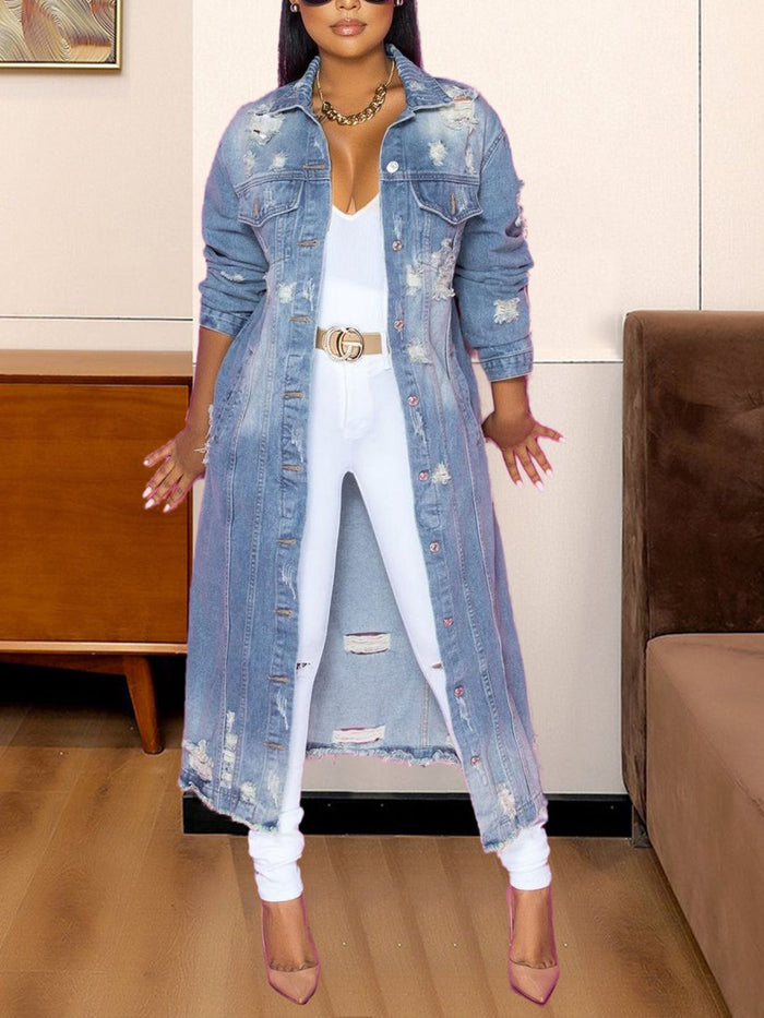 Long Sleeve Distressed Raw Hem Denim Jacket