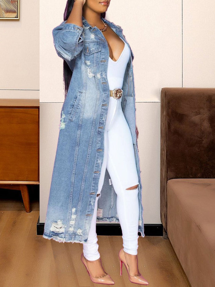 Long Sleeve Distressed Raw Hem Denim Jacket
