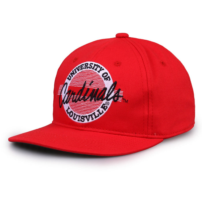 Louisville Retro Circle snapback hat in red, angled view