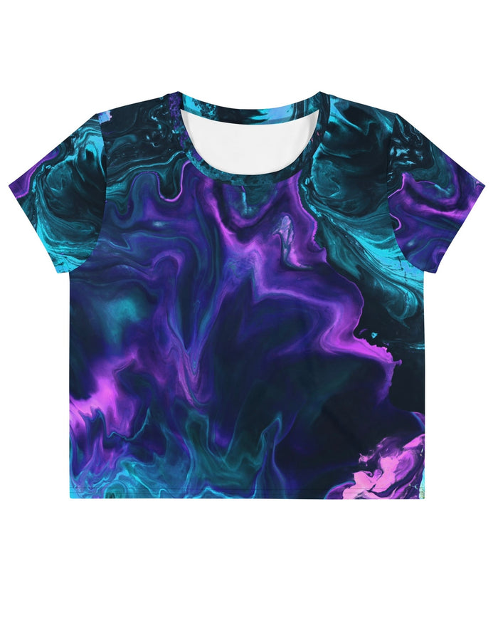 Crop Top Rave Shirt with a blue, purple, black swirl pattern