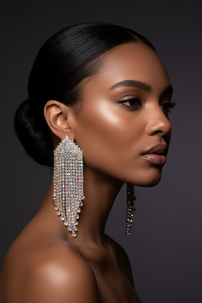 Luxury Tassel Earrings — AB Silver, Close-Up