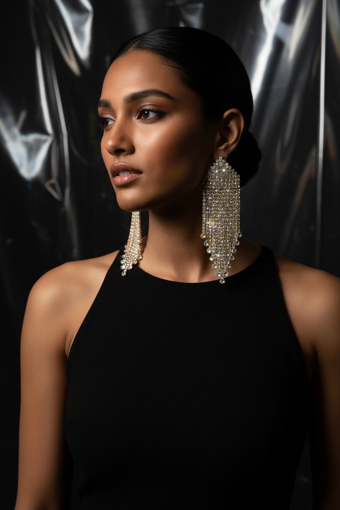 Luxury Rhinestone Tassel Drop Earrings in Gold — South Asian model full look
