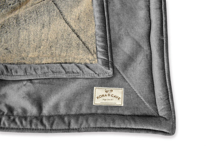 KONA CAVE® Luxury weighted blanket for pets, furniture and people.  Luxuriously grey velvet lined with super soft faux fur. The ultimate in luxury home accessories.