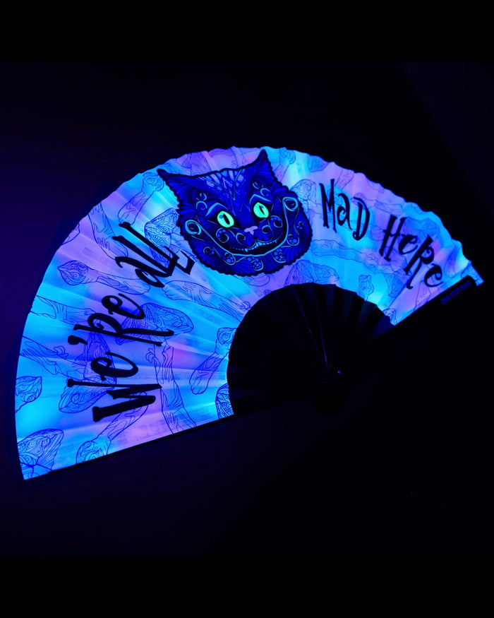 Mad Catter hand fan at angled view under UV-light.