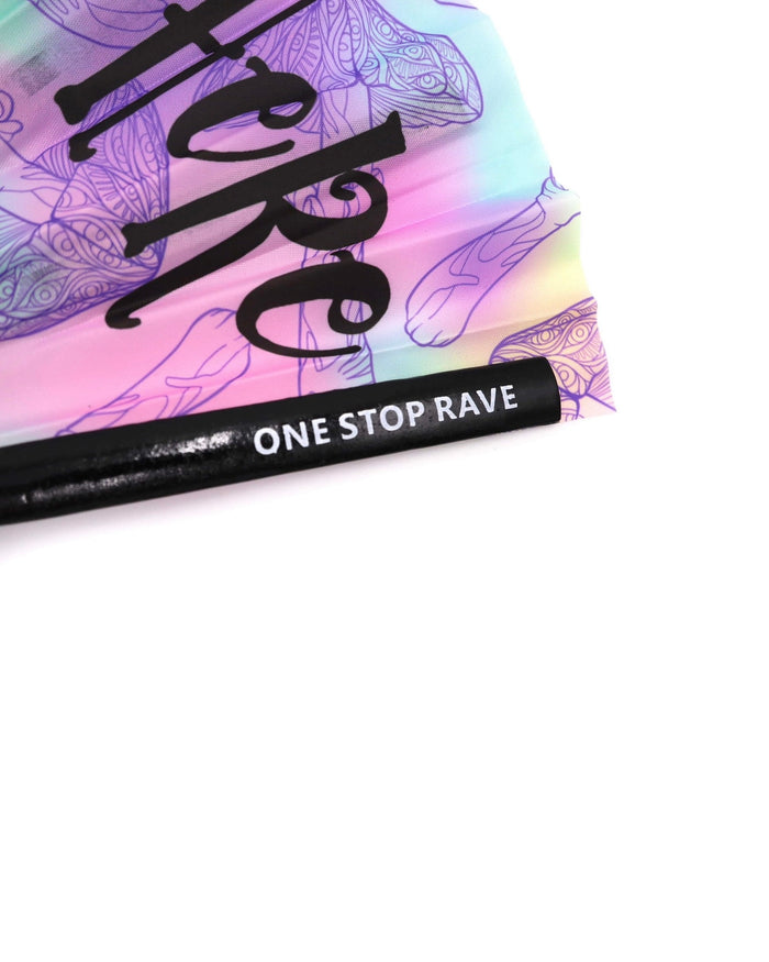 Mad Catter Hand Fan with the one stop rave painted on to the rib.