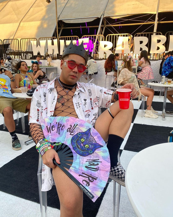 Mad Catter hand fan with customer worn at beyond wonderland festival