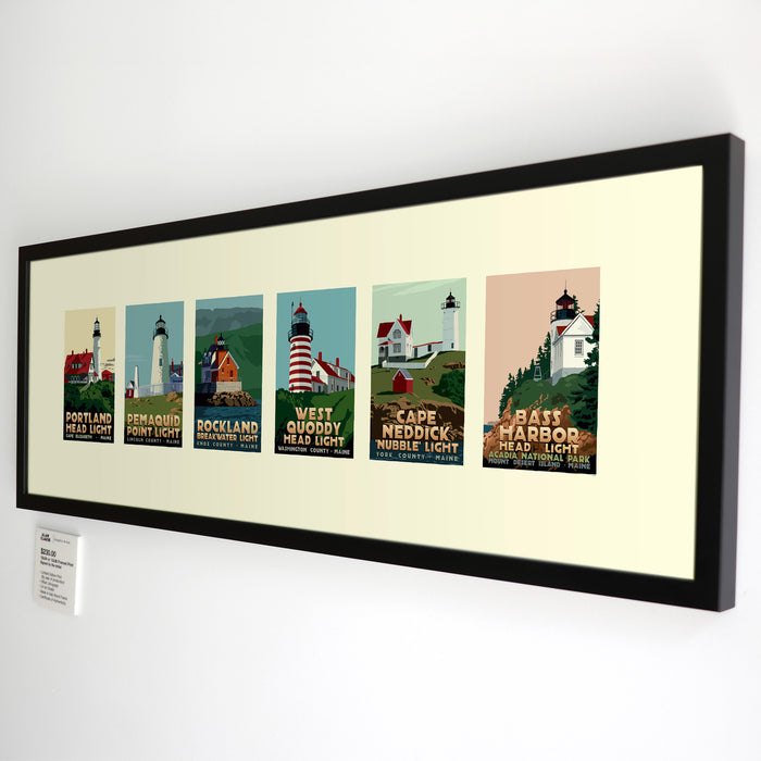 Maine Lighthouse Series Art Print 12" x 36" Framed Travel Poster - Maine
