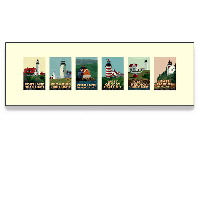 Maine Lighthouse Series Art Print 12" x 36" Framed Travel Poster - Maine