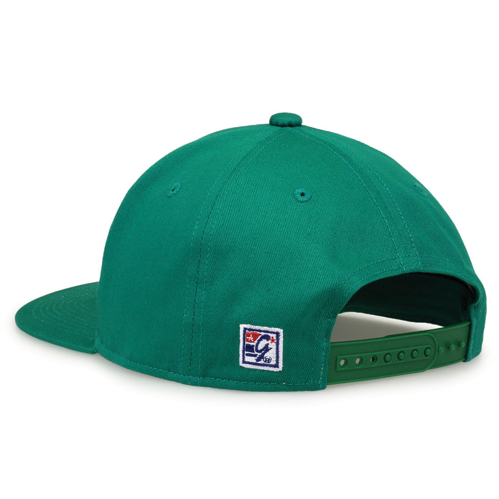 Marshall Retro Bar snapback hat in green, rear view showing the adjustable snap closure
