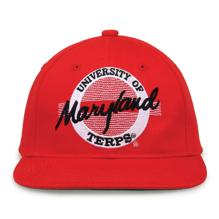 Maryland Retro Circle snapback hat in red, front view