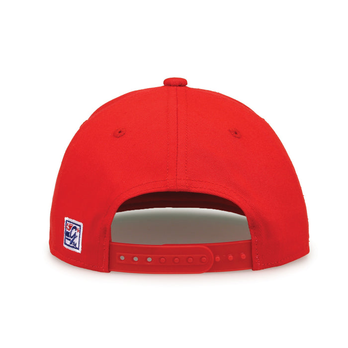 Maryland Retro Circle snapback hat in red, straight rear view showing the adjustable snap closure