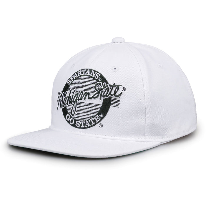Michigan State Retro Circle snapback hat in white, angled view