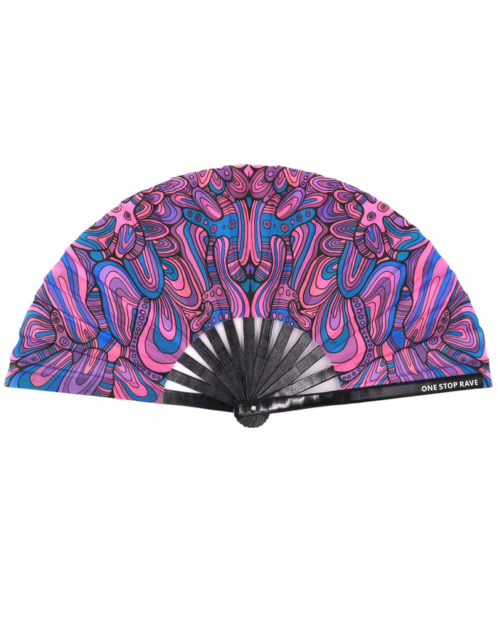 Mind Bender hand fan purple blue pink psychedelic design open view.