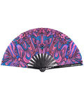 Mind Bender hand fan purple blue pink psychedelic design open view.
